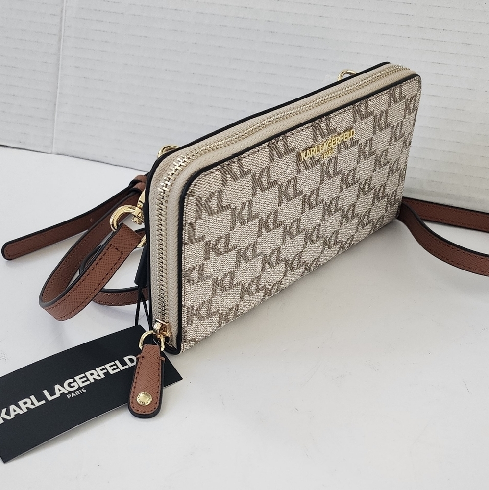 Karl Lagerfeld Monogram Brown Leather Wristlet Taupe Women's Crossbody - Picture 8 of 13